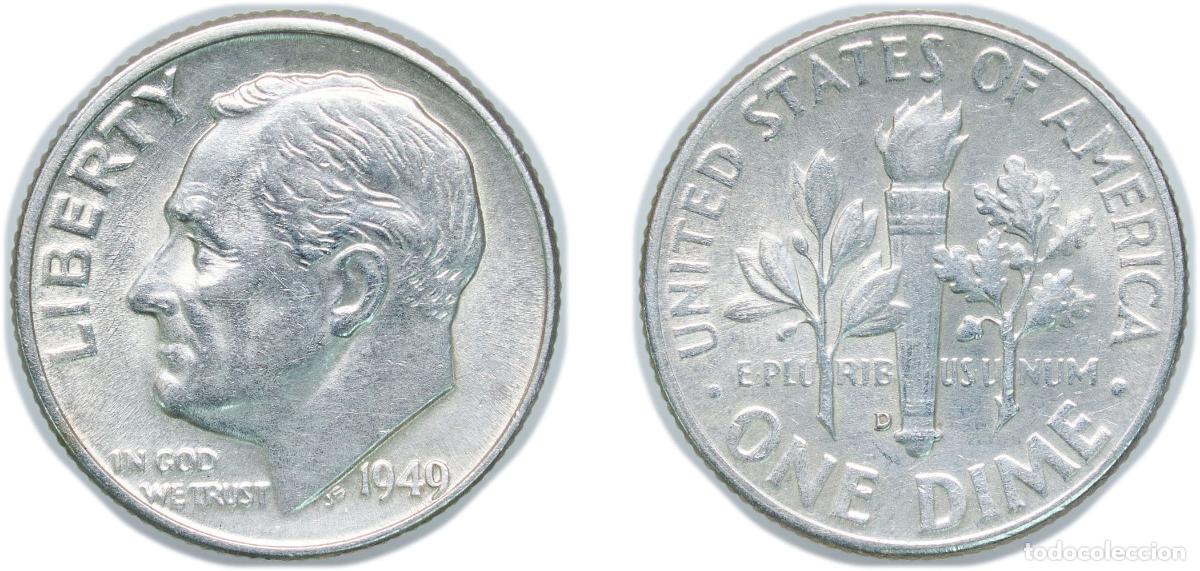 Monedas antiguas de Am&eacute;rica: United States Federal republic 1949 D 1 Dime &rdquo;Roosevelt Silver Dime&rdquo; Silver (.900) (26000000) 2.5g