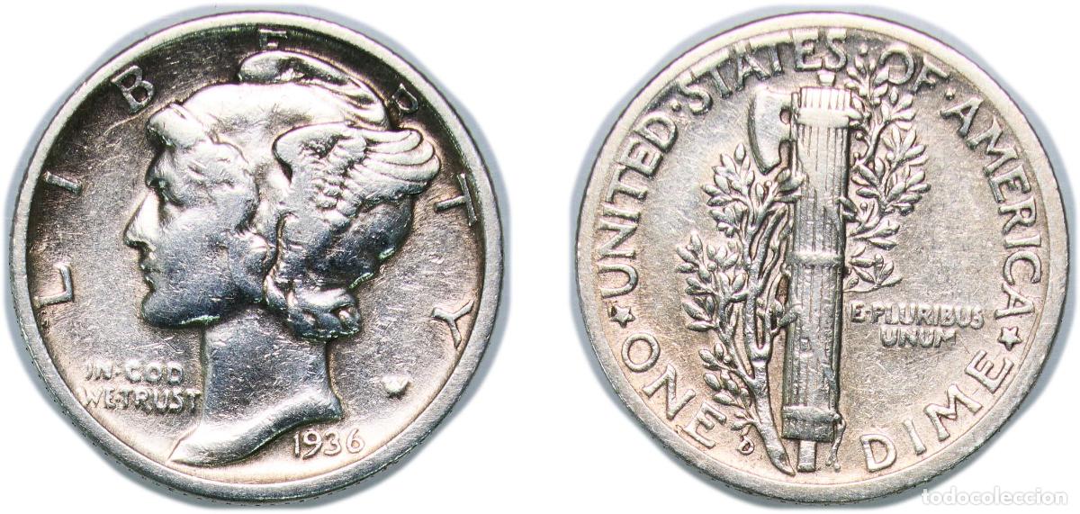 Monedas antiguas de Am&eacute;rica: United States Federal republic 1936 D 1 Dime &rdquo;Mercury Dime&rdquo; Silver (.900) United States Mint of Den