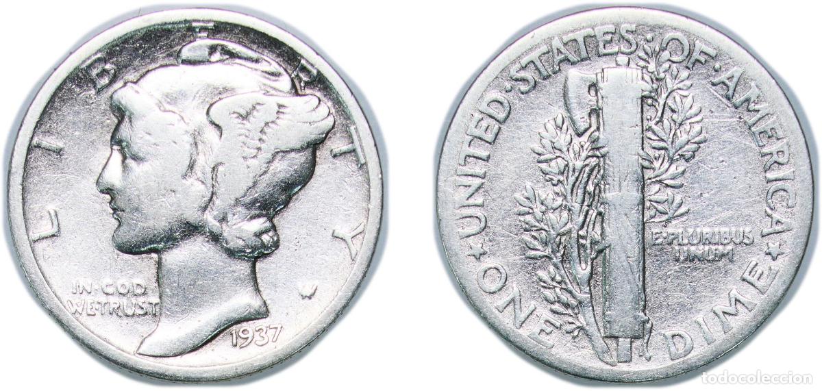 Monedas antiguas de Am&eacute;rica: United States Federal republic 1937 1 Dime &rdquo;Mercury Dime&rdquo; Silver (.900) United States Mint of Phila