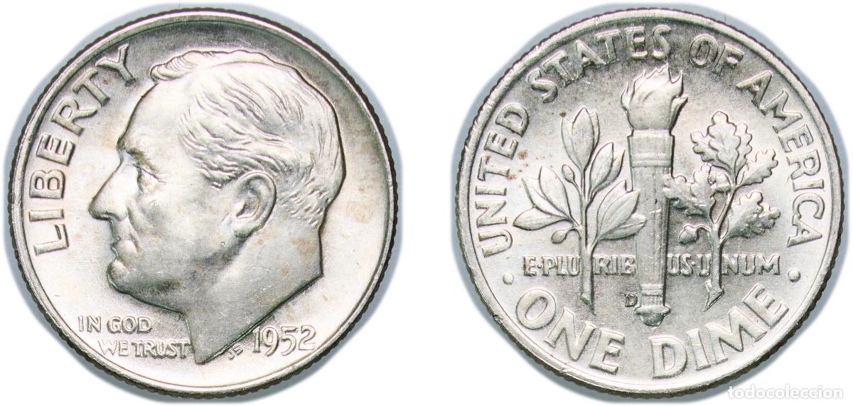 Monedas antiguas de Am&eacute;rica: United States Federal republic 1952 D 1 Dime &rdquo;Roosevelt Silver Dime&rdquo; Silver (.900) United States Mi