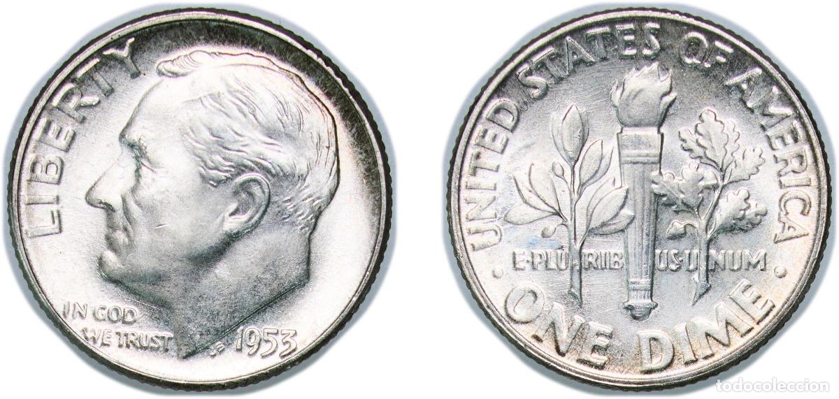 Monedas antiguas de Am&eacute;rica: United States Federal republic 1953 1 Dime &rdquo;Roosevelt Silver Dime&rdquo; Silver (.900) United States Mint