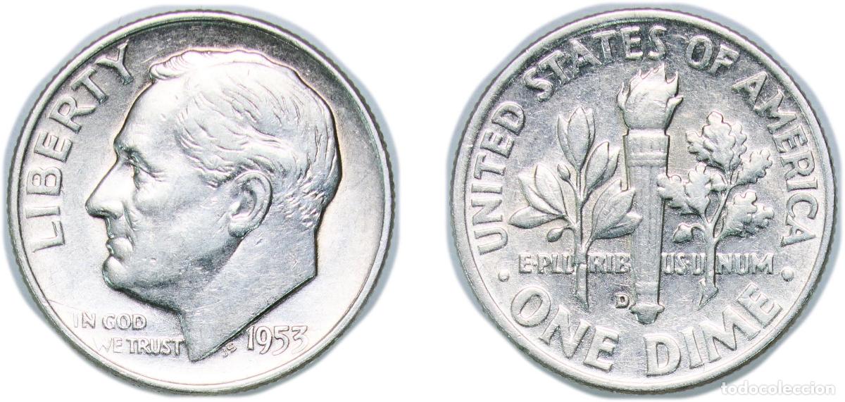Monedas antiguas de Am&eacute;rica: United States Federal republic 1953 D 1 Dime &rdquo;Roosevelt Silver Dime&rdquo; Silver (.900) United States Mi