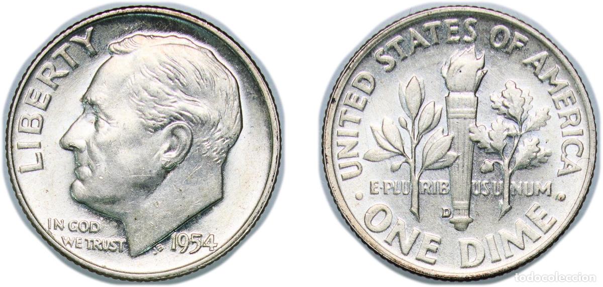 Monedas antiguas de Am&eacute;rica: United States Federal republic 1954 D 1 Dime &rdquo;Roosevelt Silver Dime&rdquo; Silver (.900) United States Mi