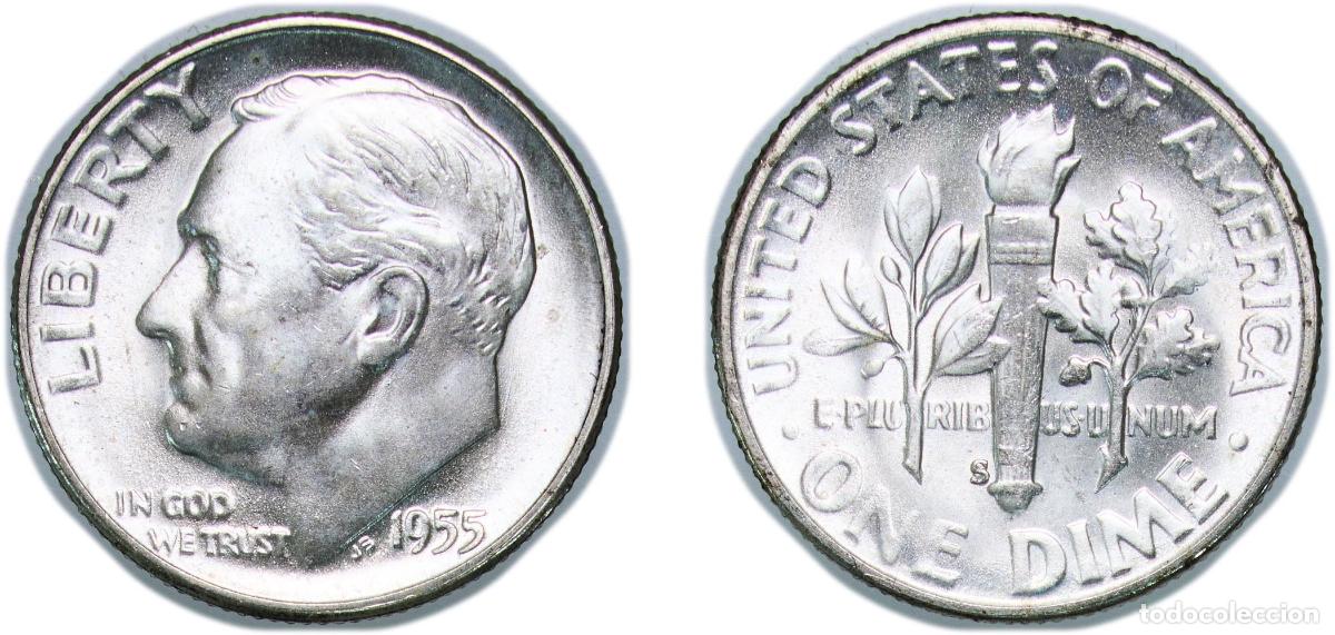 Monedas antiguas de Am&eacute;rica: United States Federal republic 1955 S 1 Dime &rdquo;Roosevelt Silver Dime&rdquo; Silver (.900) San Francisco Mi