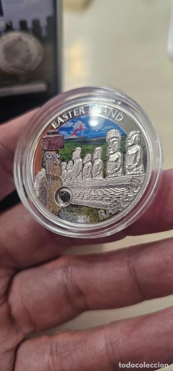 Monedas antiguas de Am&eacute;rica: Preciosa moneda 5 dolares Cook sobre Rapa Nui plata