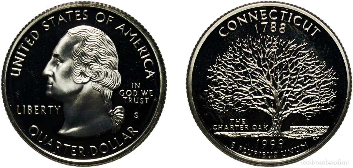 Monedas antiguas de Am&eacute;rica: United States Federal republic 1999 S &frac14; Dollar &rdquo;Washington Quarter&rdquo; (Connecticut - Silver Proof) Si