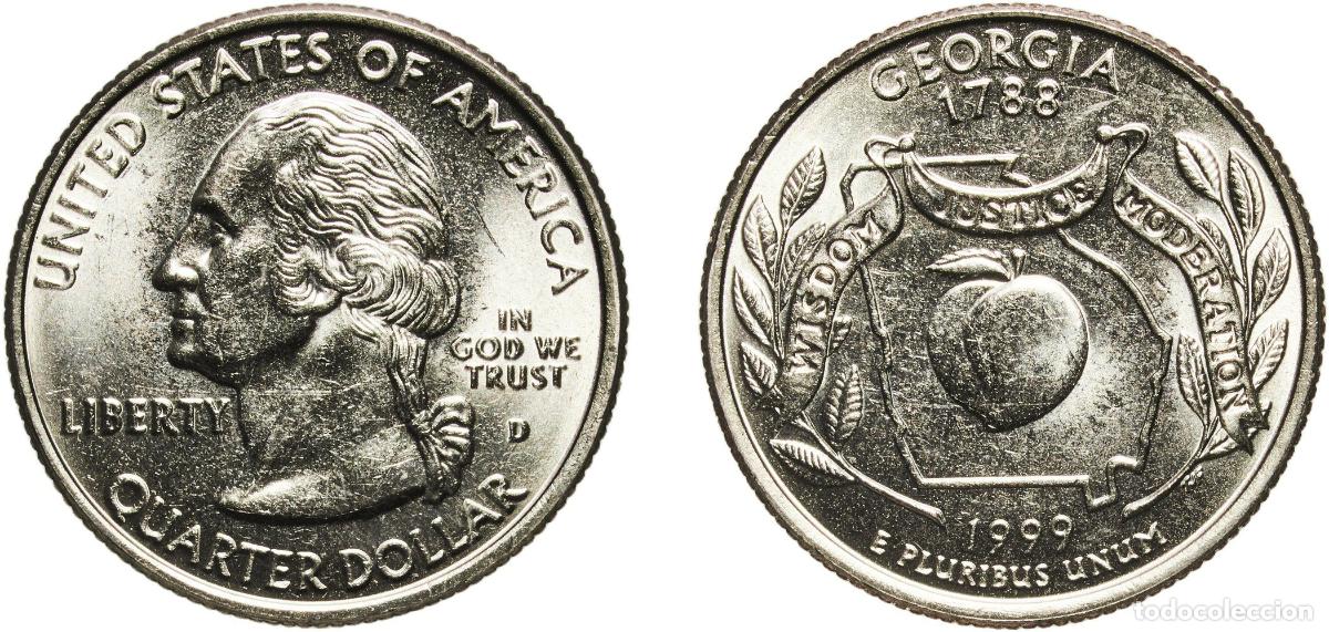 Monedas antiguas de Am&eacute;rica: United States Federal republic 1999 D &frac14; Dollar &rdquo;Washington Quarter&rdquo; (Georgia) Copper-nickel clad co