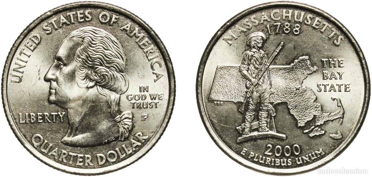 Monedas antiguas de Am&eacute;rica: United States Federal republic 2000 P &frac14; Dollar &rdquo;Washington Quarter&rdquo; (Massachusetts) Copper-nickel c