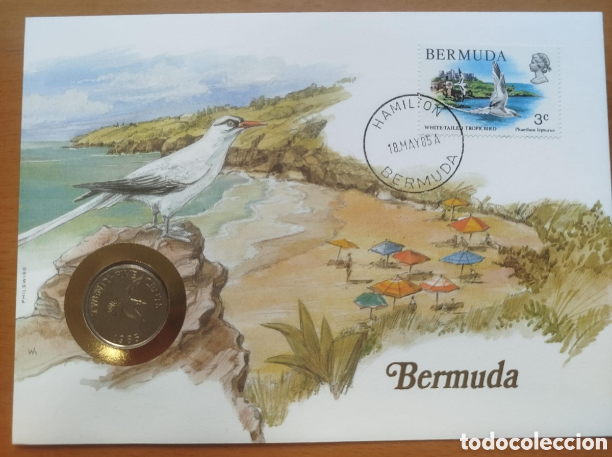 Monedas antiguas de Am&eacute;rica: Sobre Moneda 25 C&eacute;ntimos Bermudas 1985 + Sello