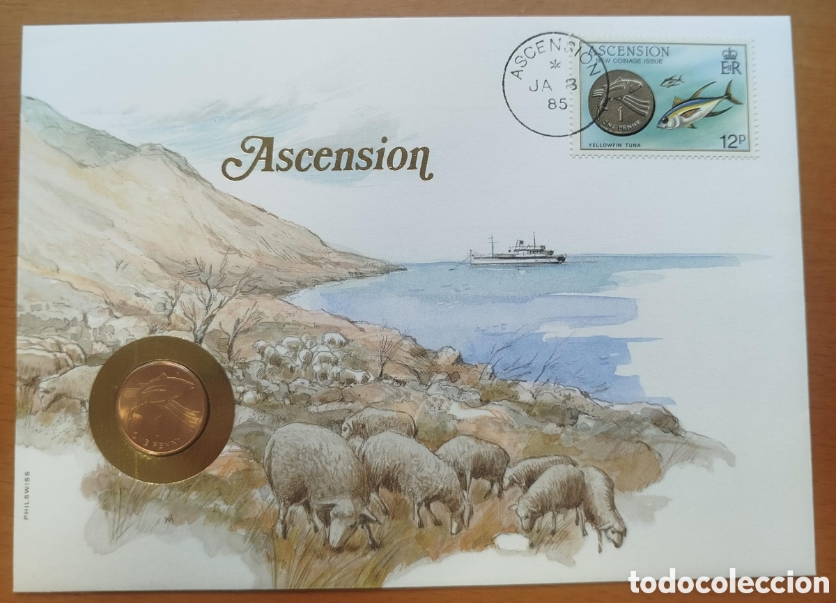 Monedas antiguas de Am&eacute;rica: Sobre Moneda 1 Penique Isla Ascensi&oacute;n 1984 + Sello