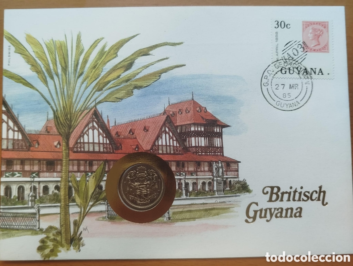 Monedas antiguas de Am&eacute;rica: Moneda Colecci&oacute;n 25 C&eacute;ntimos 1985 Guayana Brit&aacute;nica 1985 + Sello