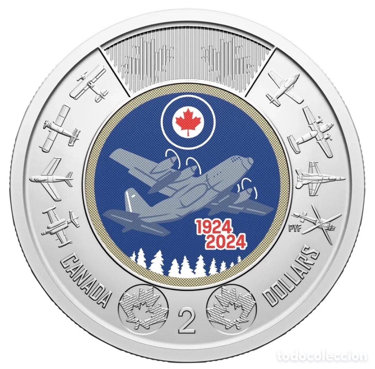 Monedas antiguas de Am&eacute;rica: Moneda CANAD&Aacute; 2 D&oacute;lares 2024 SC COLOR. 100 Aniversario Fuerza A&eacute;rea. Dollars