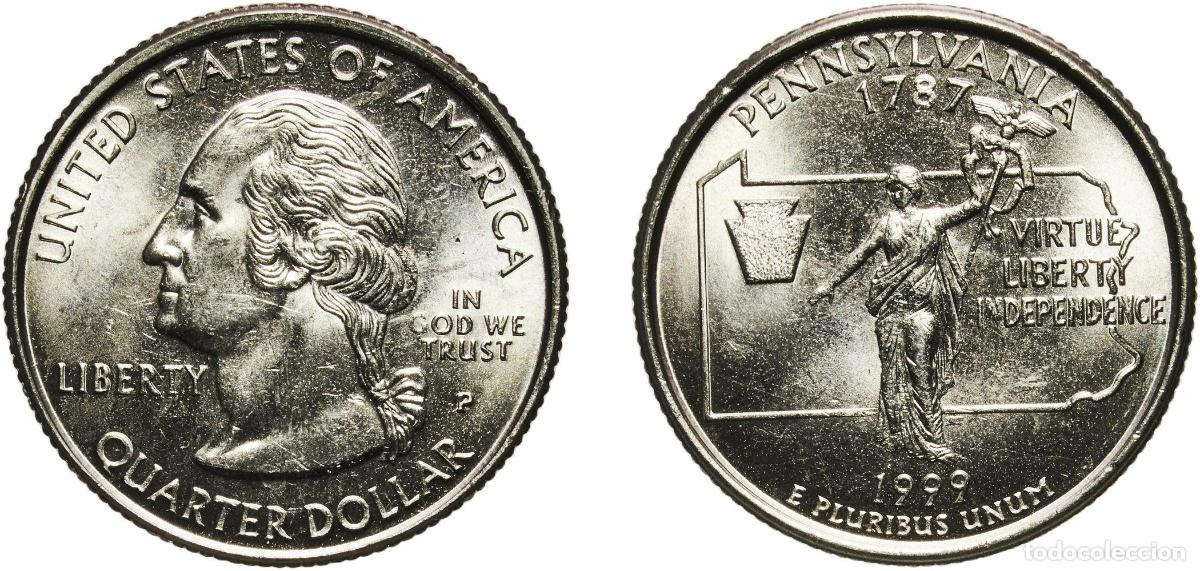 Monedas antiguas de Am&eacute;rica: United States Federal republic 1999 P &frac14; Dollar &rdquo;Washington Quarter&rdquo; (Pennsylvania) Copper-nickel cl