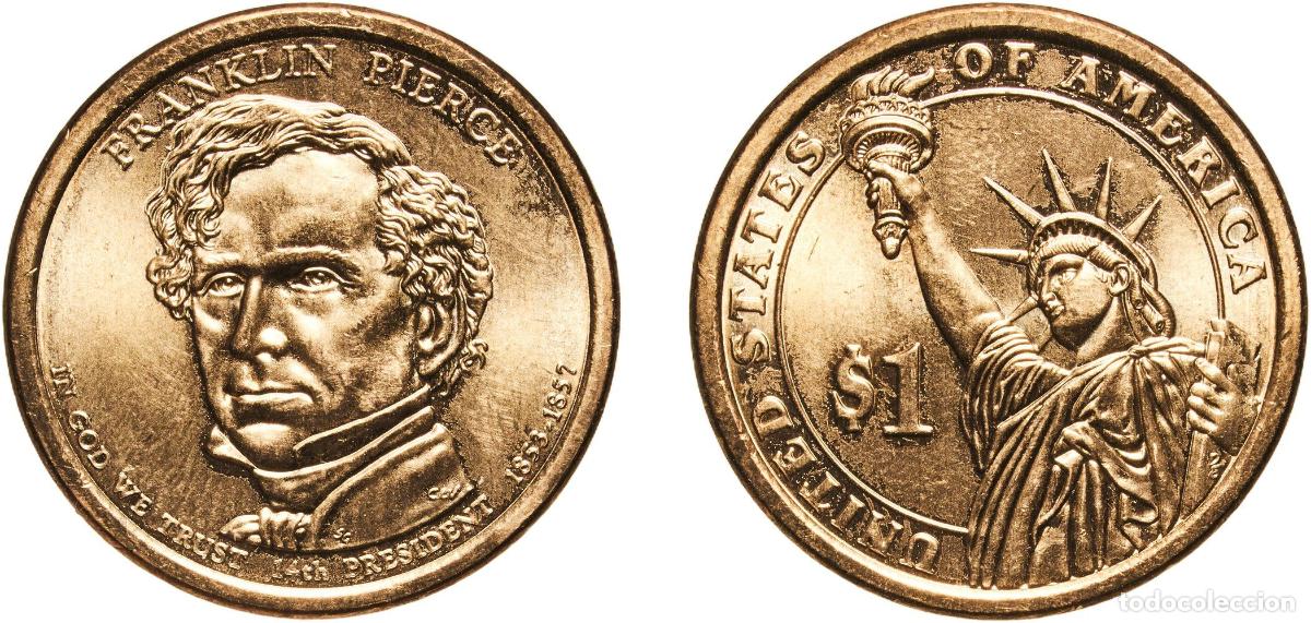 Monedas antiguas de Am&eacute;rica: United States Federal republic 2010 D 1 Dollar (Franklin Pierce) Manganese brass clad copper Denver