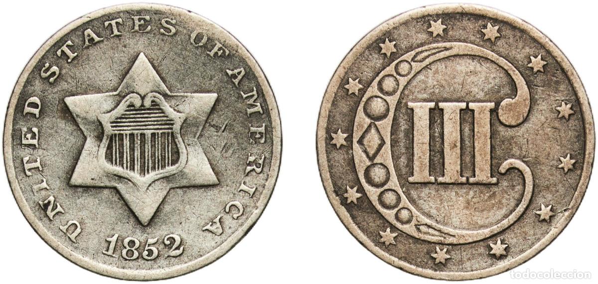 Monedas antiguas de Am&eacute;rica: United States Federal republic 1852 3 Cents (type 1 - no lines bordering star) Silver (.750) (.250