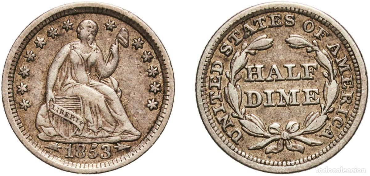 Monedas antiguas de Am&eacute;rica: United States Federal republic 1853 &frac12; Dime &rdquo;Seated Liberty Half Dime&rdquo; (arrows at date) Silver (.900
