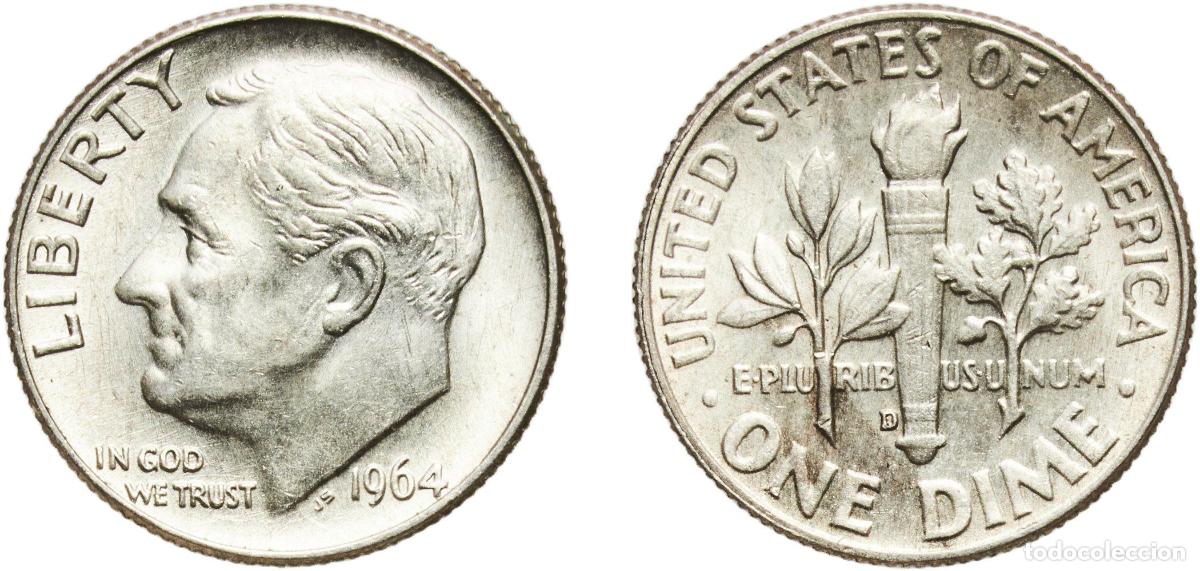 Monedas antiguas de Am&eacute;rica: United States Federal republic 1964 D 1 Dime &rdquo;Roosevelt Silver Dime&rdquo; Silver (.900) Denver Mint (135