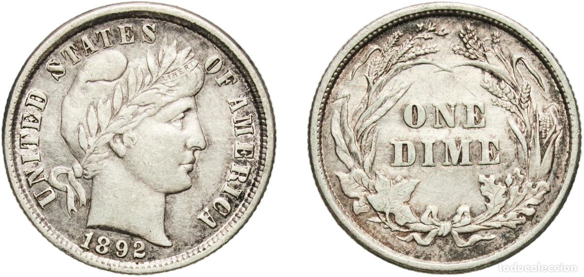 Monedas antiguas de Am&eacute;rica: United States Federal republic 1892 1 Dime &rdquo;Barber Dime&rdquo; Silver (.900) (.100 copper) Philadelphia M