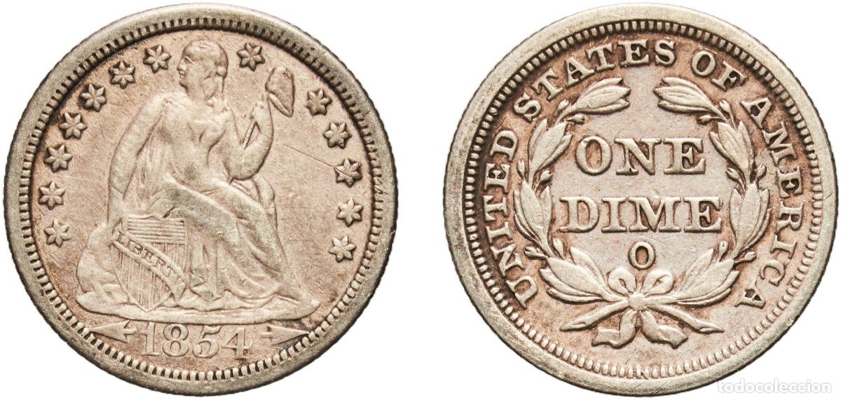 Monedas antiguas de Am&eacute;rica: United States Federal republic 1854 O 1 Dime &rdquo;Seated Liberty Dime&rdquo; (with stars and date arrows) Sil