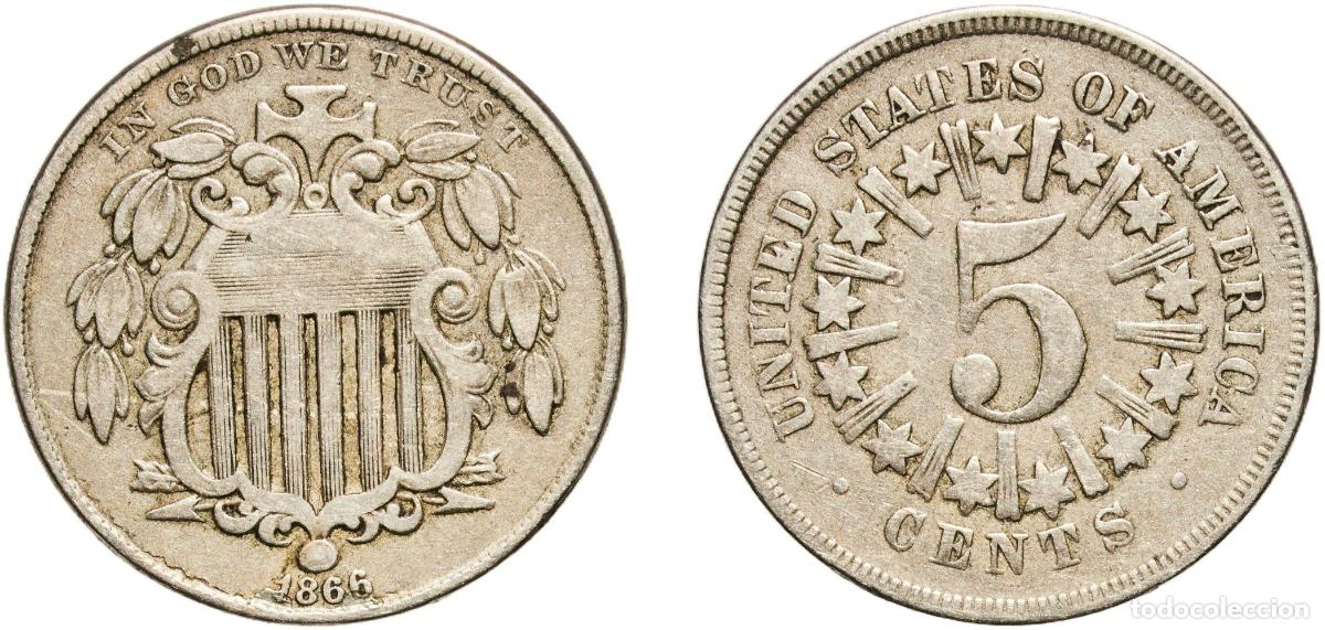 Monedas antiguas de Am&eacute;rica: United States Federal republic 1866 5 Cents &rdquo;Shield Nickel&rdquo; Copper-nickel (.750 Cu, .250 Ni) Philad