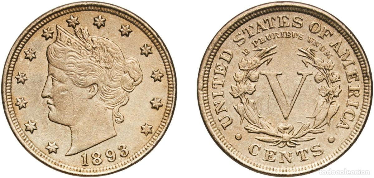 Monedas antiguas de Am&eacute;rica: United States Federal republic 1893 5 Cents &rdquo;Liberty Nickel&rdquo; (with &rdquo;CENTS&rdquo;) Copper-nickel Philadelp