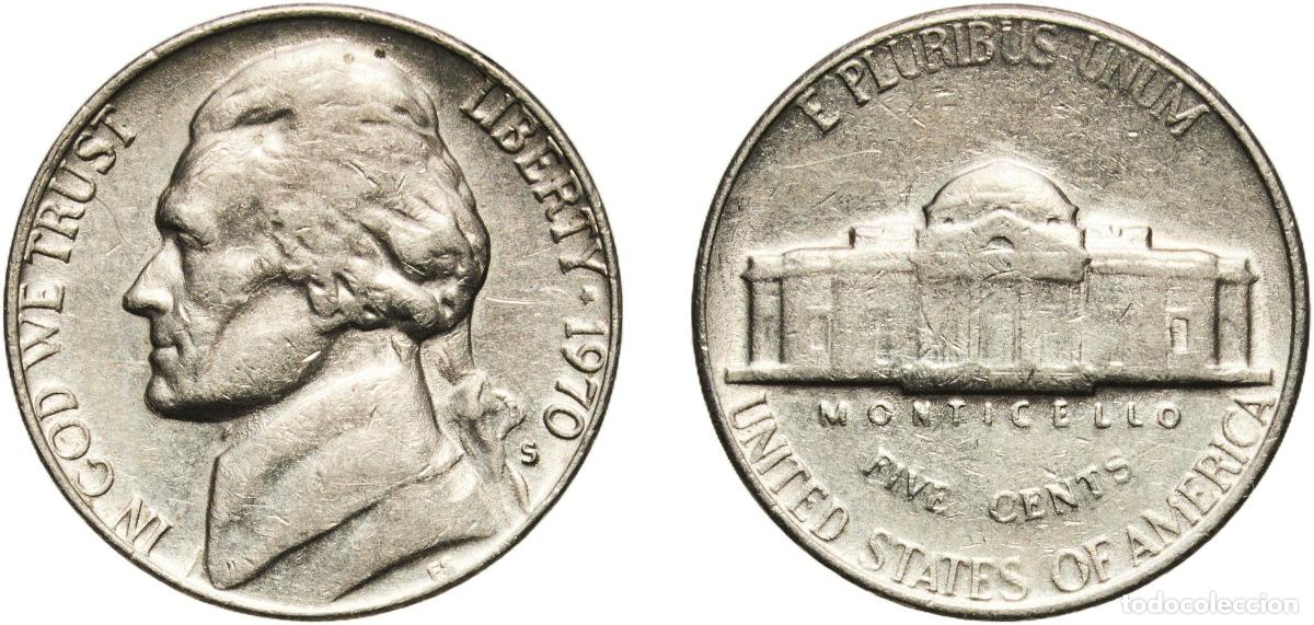 Monedas antiguas de Am&eacute;rica: United States Federal republic 1970 S 5 Cents &rdquo;Jefferson Nickel&rdquo; (1st portrait) Copper-nickel (75%