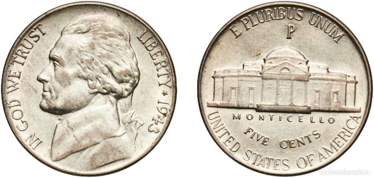 Monedas antiguas de Am&eacute;rica: United States Federal republic 1943 P 5 Cents &rdquo;Jefferson Wartime Nickel&rdquo; (1st portrait) Billon (.35