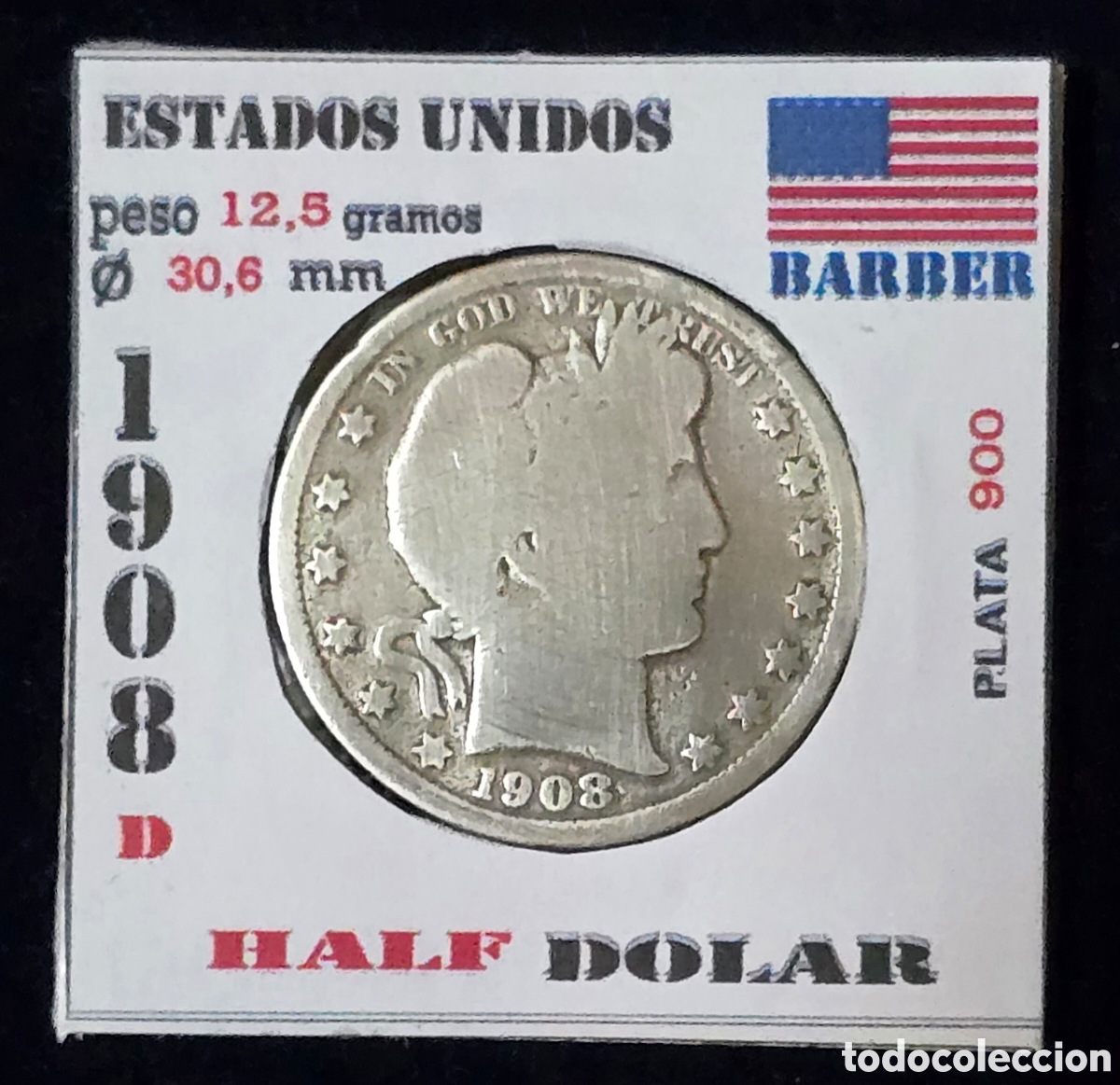 Monedas antiguas de Am&eacute;rica: EEUU Half Dolar de Plata de 1908 D Barber