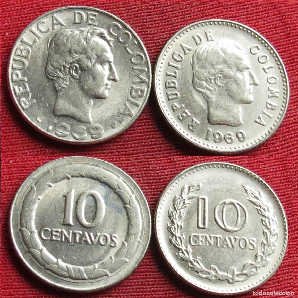 Monedas antiguas de Am&eacute;rica: Colombia 2 monedas x 10 centavos 1969