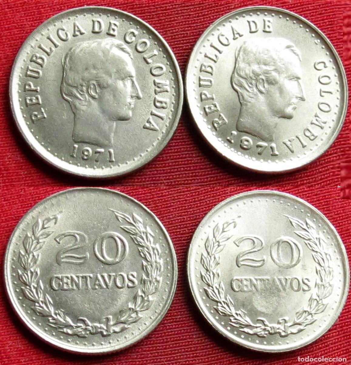 Monedas antiguas de Am&eacute;rica: Colombia 2 monedas x 20 centavos 1971