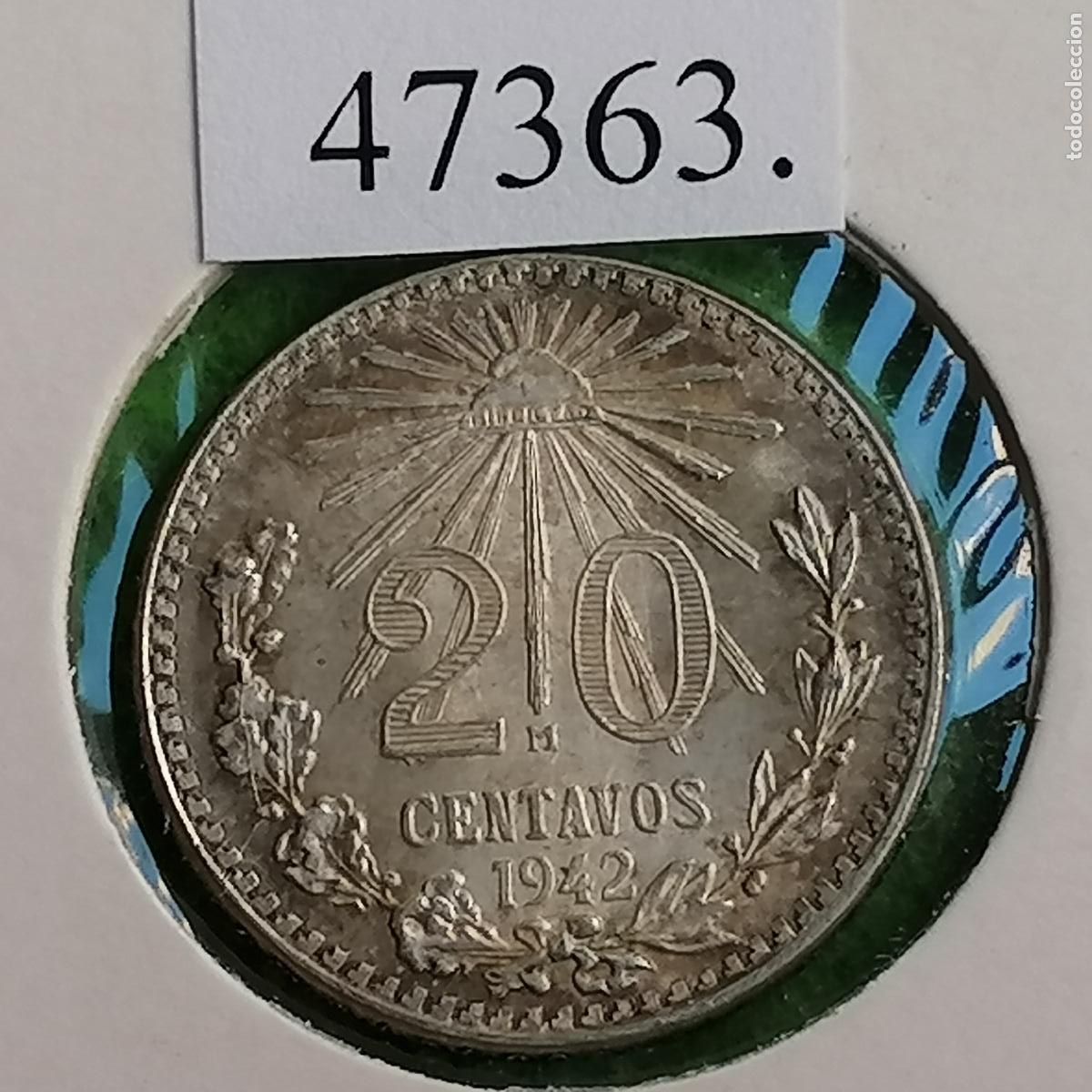 Monedas antiguas de Am&eacute;rica: M&eacute;xico 20 centavos plata, 1942 M&ordm;, M&eacute;jico, c&eacute;ntimos