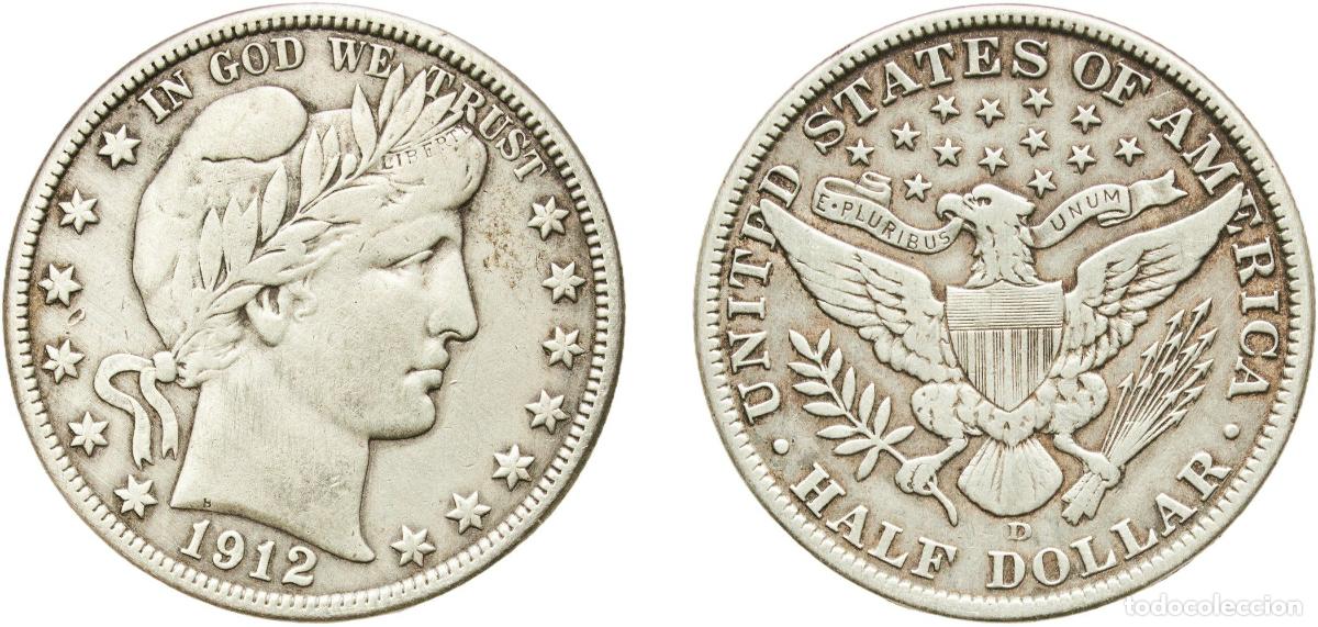 Monedas antiguas de Am&eacute;rica: United States Federal republic 1912 D &frac12; Dollar &rdquo;Barber Half Dollar&rdquo; Silver (.900) (.100 copper) Den