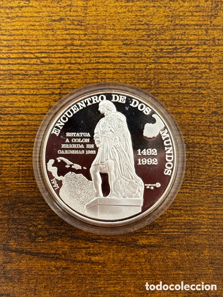 Monedas antiguas de Am&eacute;rica: 10 pesos Encuentro de 2 Mundos Cuba 1992. Plata 925, peso 27 gr. Proof