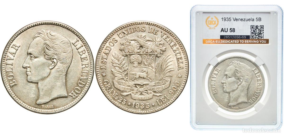 Monedas antiguas de Am&eacute;rica: Venezuela United States 1935 5 Bol&iacute;vares Silver (.900) (Copper .100) Philadelphia Mint (1600000) 25
