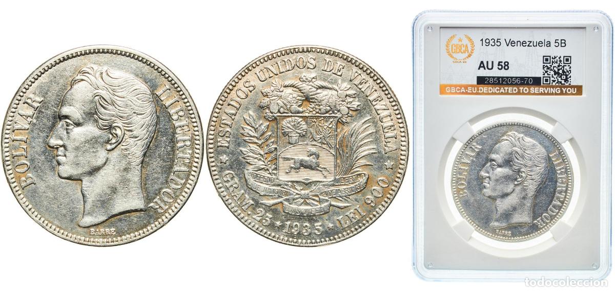 Monedas antiguas de Am&eacute;rica: Venezuela United States 1935 5 Bol&iacute;vares Silver (.900) (Copper .100) Philadelphia Mint (1600000) 25
