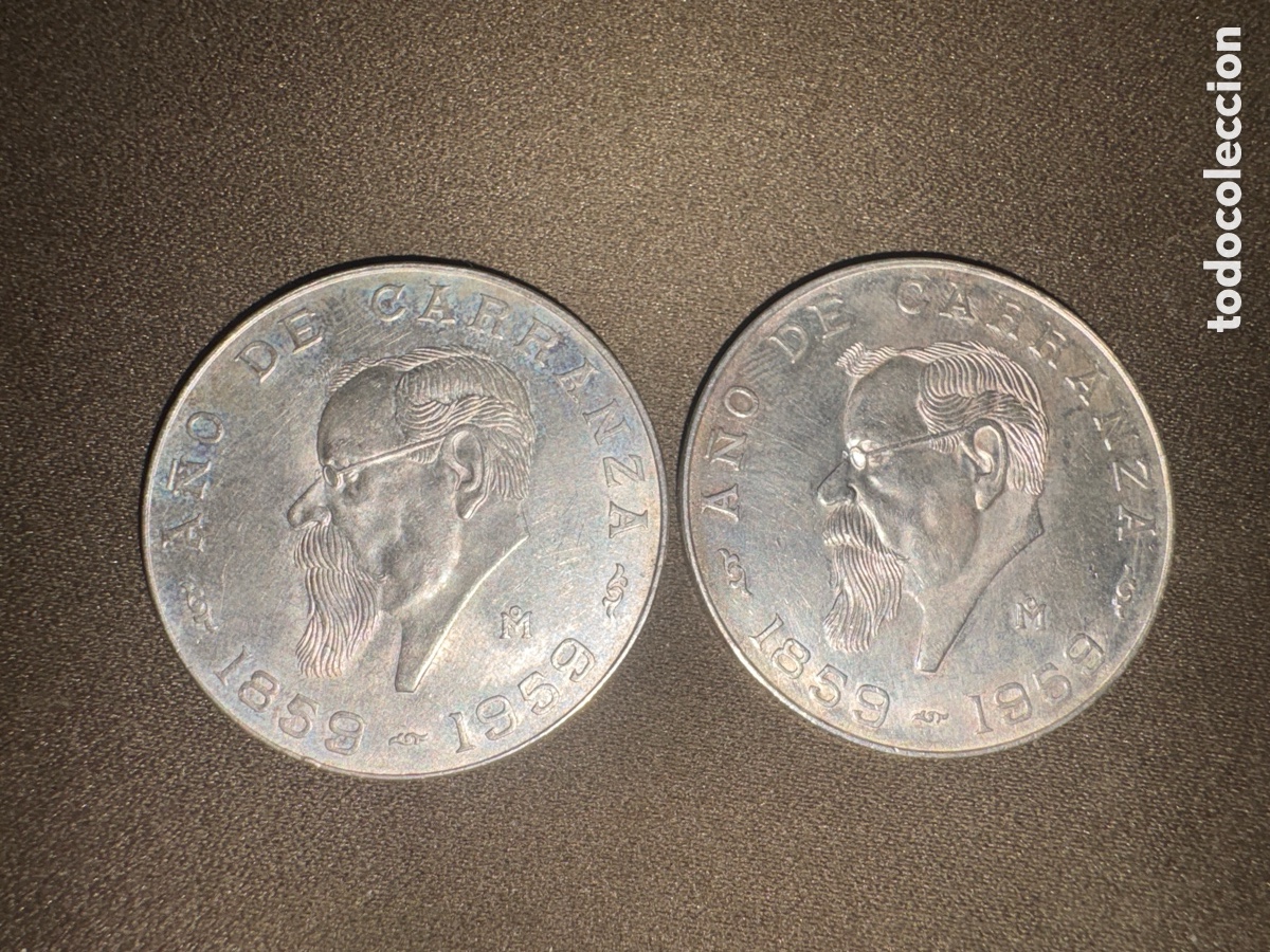 Monedas antiguas de Am&eacute;rica: 2 monedas de plata,A&Ntilde;O DE CARRANZA,1958-1959,5 pesos,plata 720*ver fotos*