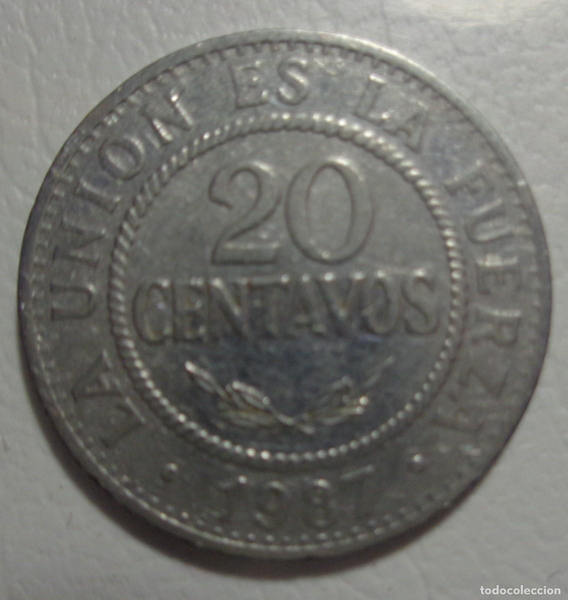 Monedas antiguas de Am&eacute;rica: MONEDA: 20 CENTAVOS, BOLIVIA 1987 - Foto 2