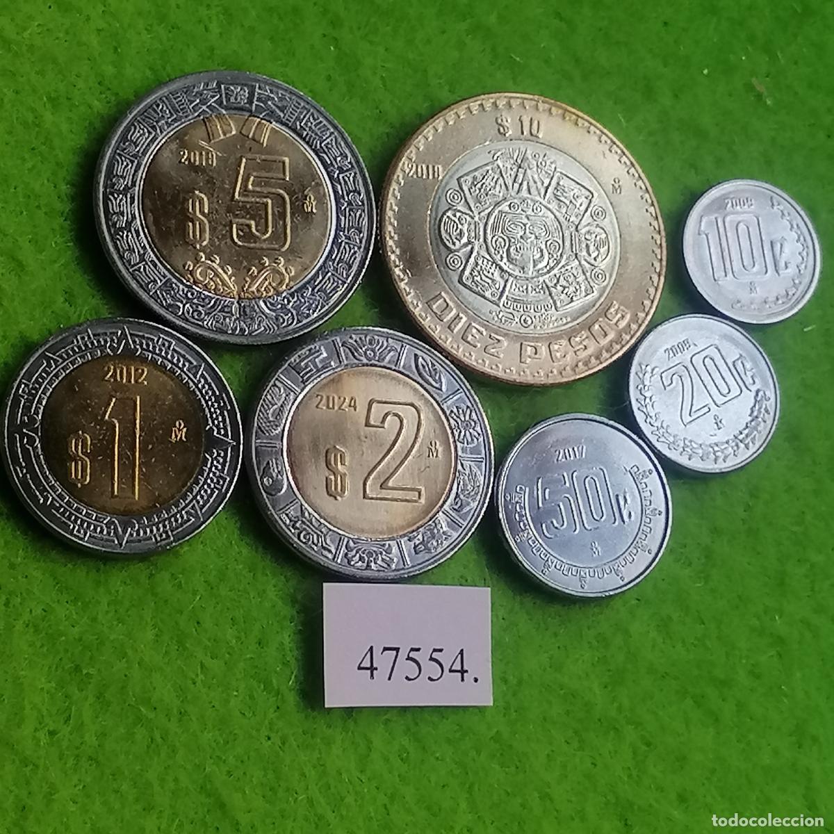 Monedas antiguas de Am&eacute;rica: Mexico, 7 monedas, 10, 20 y 50 centavos, 1, 2, 5 y 10 pesos, bimet&aacute;licas 4, 47554, M&eacute;jico, c&eacute;ntimos