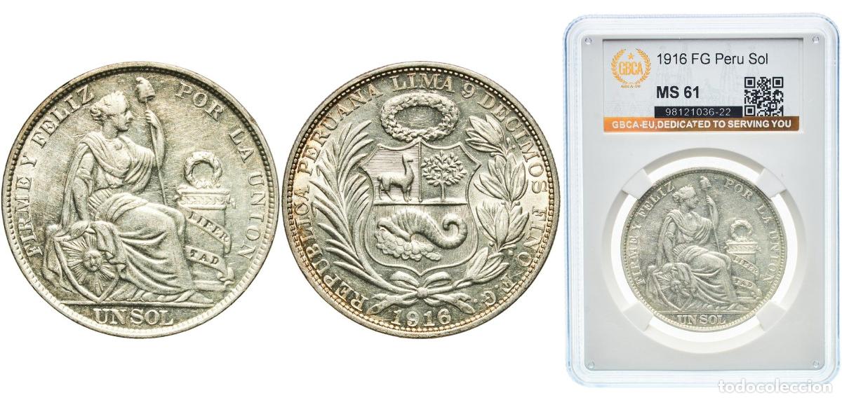 Monedas antiguas de Am&eacute;rica: Peru Republic 1916 FG 1 Sol Silver (.900) (Copper .100) Lima Mint 25g GBCA MS KM 196.27