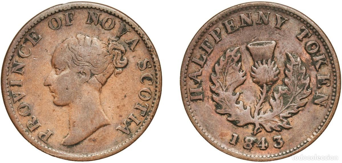 Monedas antiguas de Am&eacute;rica: Canada Nova Scotia 1843 &frac12; Penny - Victoria Copper 8.34g VF CCT NS-1F Breton His 874