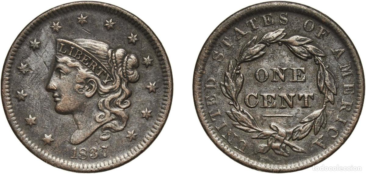 Monedas antiguas de Am&eacute;rica: United States Federal republic 1837 1 Cent &rdquo;Liberty Head / Matron Head Modified&rdquo; (Type 2 Young Head