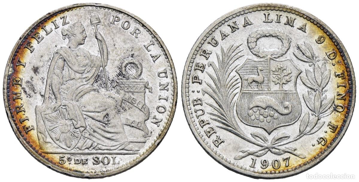 Monedas antiguas de Am&eacute;rica: *** MAGN&Iacute;FICO 1/5 DE SOL DE PER&Uacute;. 1907, LIMA FG. KM#205- PLATA, BRILLO ORIGINAL Y TONO ***