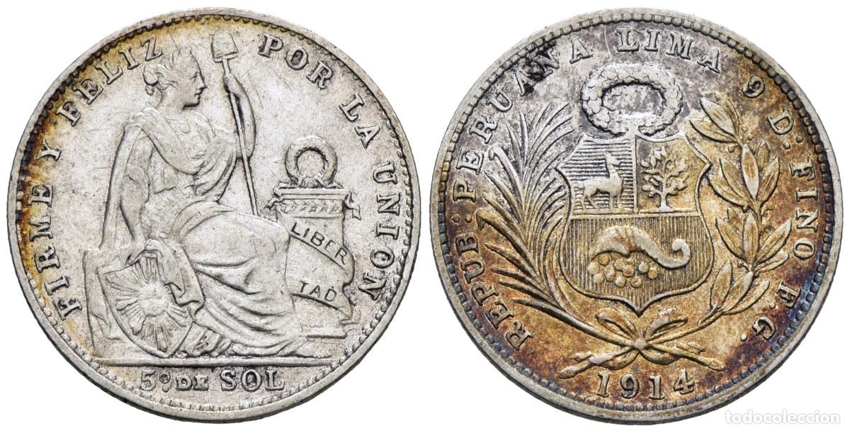 Monedas antiguas de Am&eacute;rica: *** MUY BONITO 1/5 DE SOL DE PER&Uacute;. 1914, LIMA FG. KM#205- PLATA, BONITO TONO ***