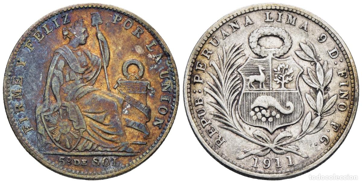 Monedas antiguas de Am&eacute;rica: *** BONITO 1/5 DE SOL DE PER&Uacute;. 1911, LIMA FG. KM#205- PLATA, BONITO TONO IRIDISCENTE ***