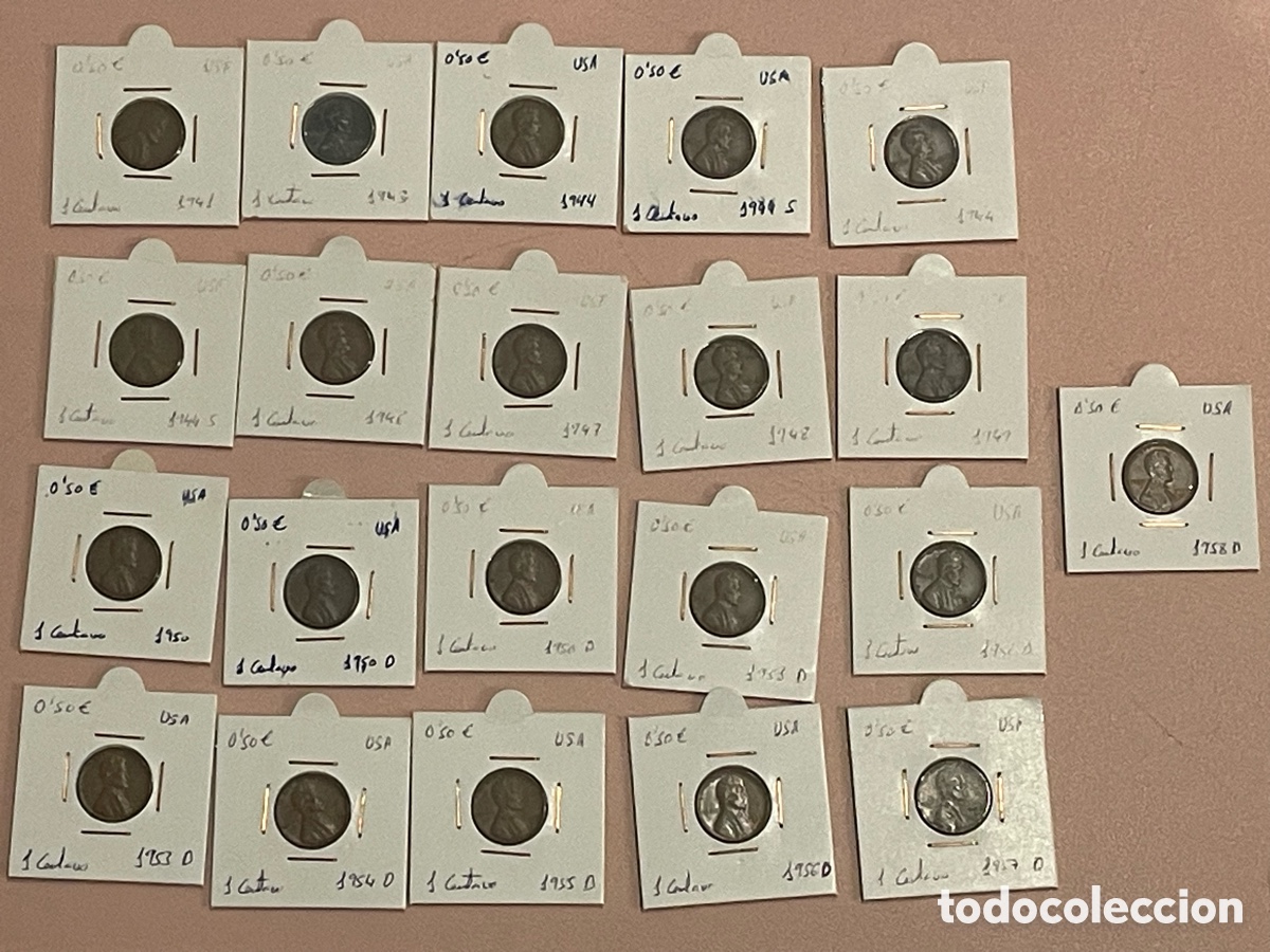 Monedas antiguas de Am&eacute;rica: Lote 21 centavos Lincoln Wheat Penny USA 1941-1957 distintas fechas y cecas