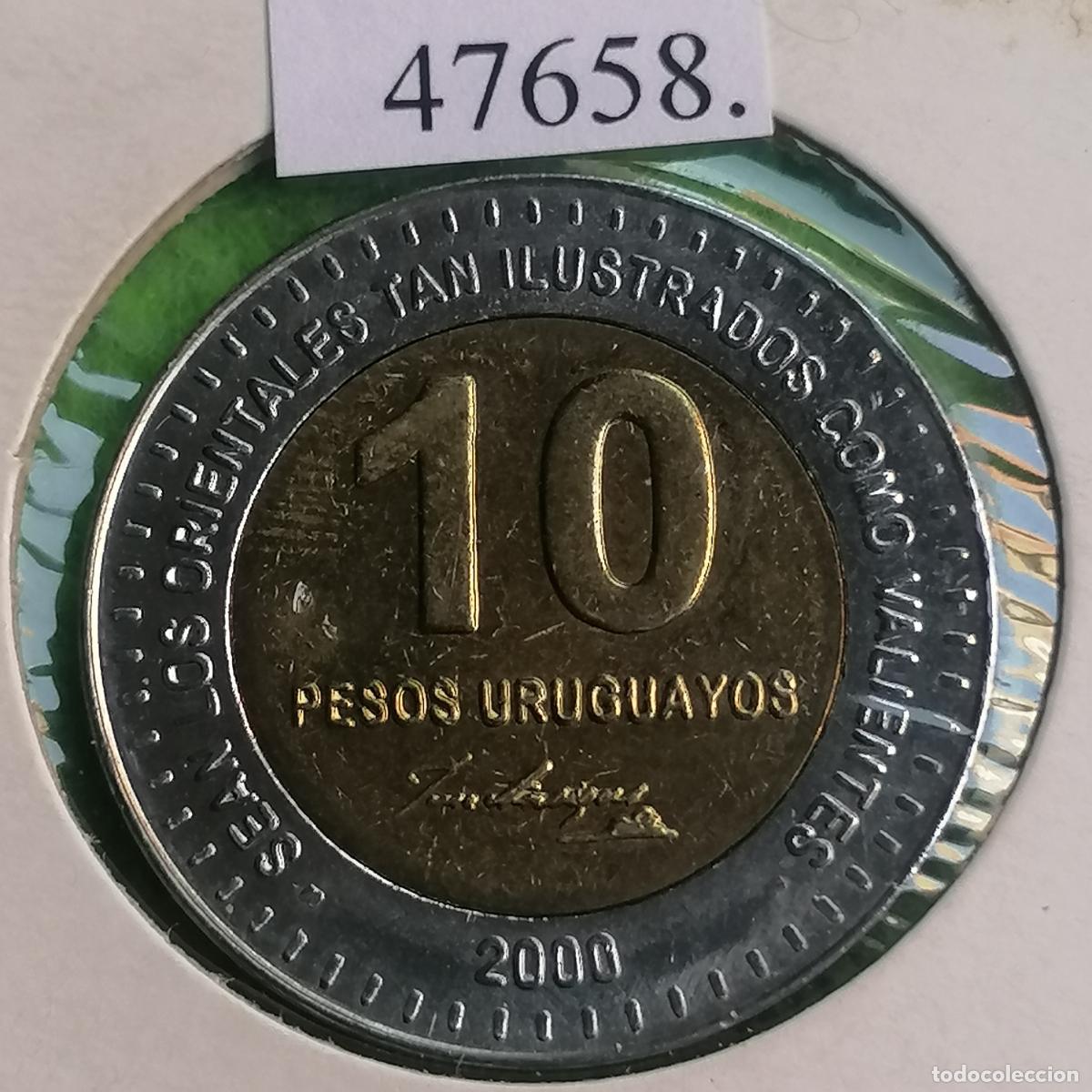Monete antiche di America: Uruguay 10 pesos 2000, bimetalica, variante fecha sin estrellas, Jos&eacute; Artigas