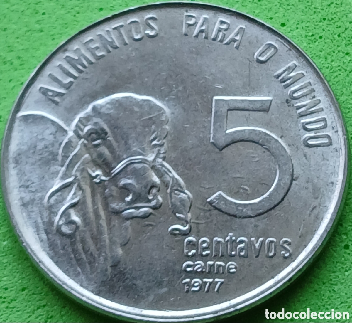 Monedas antiguas de Am&eacute;rica: Brasil 5 centavos 1977 km#587 FAO,ondas de cabello, poco com&uacute;n