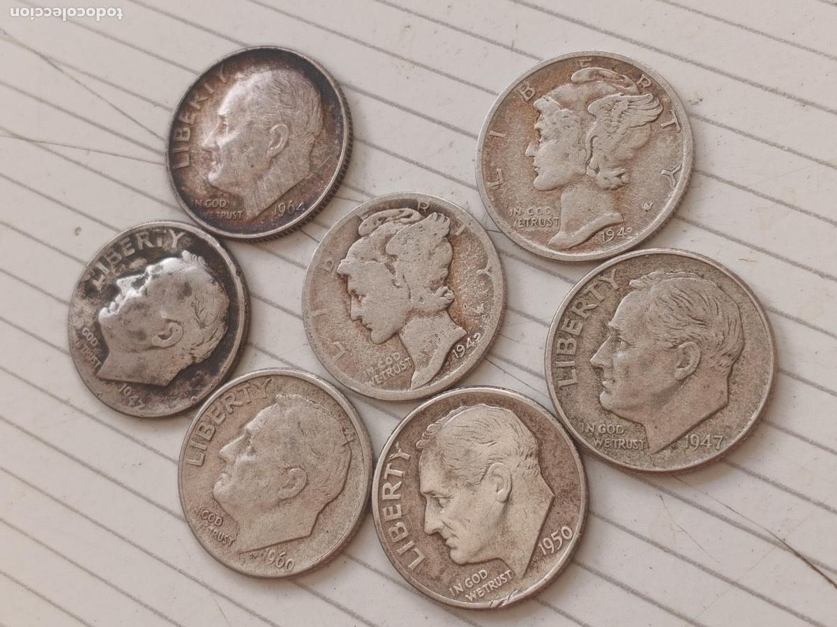 Monedas antiguas de Am&eacute;rica: Estados Unidos. 7 monedas de 1 dime de plata