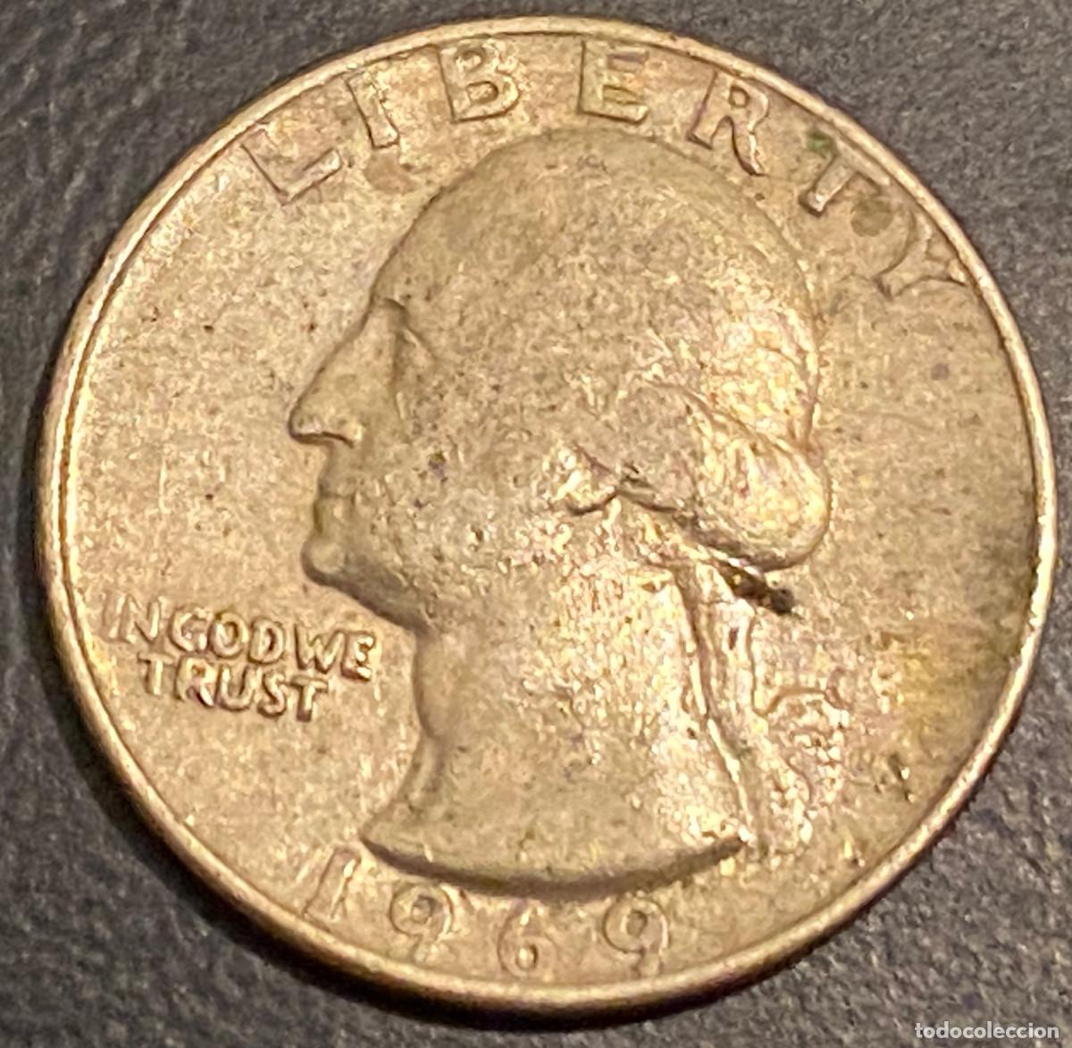 Monedas antiguas de Am&eacute;rica: 1 Quarter (25 centavos de d&oacute;lar). USA. A&ntilde;o 1969. Presidente George Washington. Buen estado.