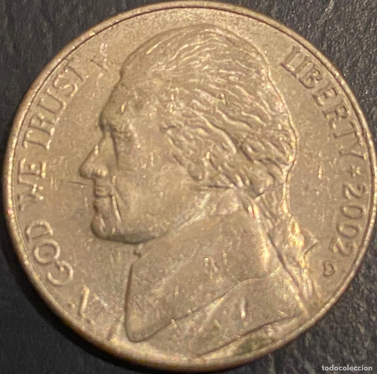 Monedas antiguas de Am&eacute;rica: Moneda de 1 Nickel (5 centavos de d&oacute;lar). USA. A&ntilde;o 2002. Ceca D. Presidente Jefferson. Buen estado.